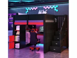 Cama altillo de madera 140x200cm con LED y puerto USB - Escritorio y armario - Escalera de almacenamiento - Negro + Rojo​ (sin colchón) Cama Alta|Cama Con Almacenaje