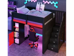 Cama altillo de madera 140x200cm con LED y puerto USB - Escritorio y armario - Escalera de almacenamiento - Negro + Rojo​ (sin colchón) Cama Alta|Cama Con Almacenaje