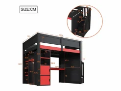 Cama altillo de madera 140x200cm con LED y puerto USB - Escritorio y armario - Escalera de almacenamiento - Negro + Rojo​ (sin colchón) Cama Alta|Cama Con Almacenaje