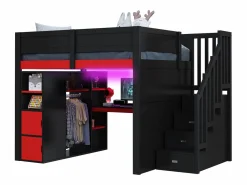 Cama altillo de madera 140x200cm con LED y puerto USB - Escritorio y armario - Escalera de almacenamiento - Negro + Rojo​ (sin colchón) Cama Alta|Cama Con Almacenaje