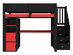 Cama altillo de madera 140x200cm con LED y puerto USB - Escritorio y armario - Escalera de almacenamiento - Negro + Rojo​ (sin colchón) Cama Alta|Cama Con Almacenaje