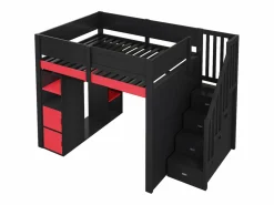 Cama altillo de madera 140x200cm con LED y puerto USB - Escritorio y armario - Escalera de almacenamiento - Negro + Rojo​ (sin colchón) Cama Alta|Cama Con Almacenaje