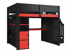 Cama altillo de madera 140x200cm con LED y puerto USB - Escritorio y armario - Escalera de almacenamiento - Negro + Rojo​ (sin colchón) Cama Alta|Cama Con Almacenaje