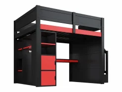 Cama altillo de madera 140x200cm con LED y puerto USB - Escritorio y armario - Escalera de almacenamiento - Negro + Rojo​ (sin colchón) Cama Alta|Cama Con Almacenaje