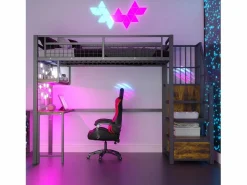 ModernLuxe Cama altillo de metal 90x200 cm - con iluminación LED y toma de carga - incluye escalera de almacenamiento - con estantes y escritorio -