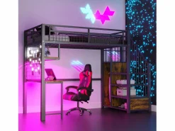 ModernLuxe Cama altillo de metal 90x200 cm - con iluminación LED y toma de carga - incluye escalera de almacenamiento - con estantes y escritorio -