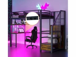 ModernLuxe Cama altillo de metal 90x200 cm - con iluminación LED y toma de carga - incluye escalera de almacenamiento - con estantes y escritorio -