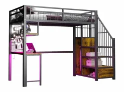 ModernLuxe Cama altillo de metal 90x200 cm - con iluminación LED y toma de carga - incluye escalera de almacenamiento - con estantes y escritorio -
