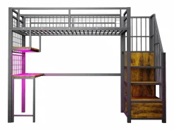 ModernLuxe Cama altillo de metal 90x200 cm - con iluminación LED y toma de carga - incluye escalera de almacenamiento - con estantes y escritorio -