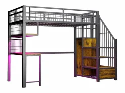 ModernLuxe Cama altillo de metal 90x200 cm - con iluminación LED y toma de carga - incluye escalera de almacenamiento - con estantes y escritorio -