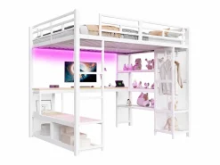 Hot ModernLuxe Cama altillo de metal 140x200 cm - con escritorio y estantes - con perchero abierto - Puerto USB e iluminación LED - ​ (sin colchón) Blanco