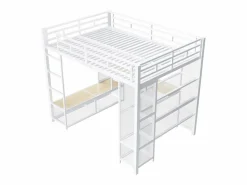 Hot ModernLuxe Cama altillo de metal 140x200 cm - con escritorio y estantes - con perchero abierto - Puerto USB e iluminación LED - ​ (sin colchón) Blanco