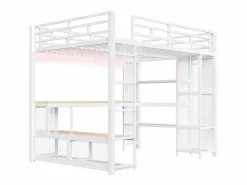 Hot ModernLuxe Cama altillo de metal 140x200 cm - con escritorio y estantes - con perchero abierto - Puerto USB e iluminación LED - ​ (sin colchón) Blanco