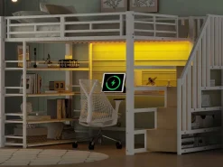 Clearance Cama altillo de metal 140x200cm - con escritorio y compartimentos de almacenamiento - con luz LED y puerto USB - MDF - ​ (colchón no incluido) Cama Alta|Cama Infantil