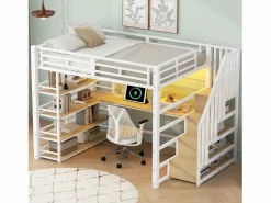 Clearance Cama altillo de metal 140x200cm - con escritorio y compartimentos de almacenamiento - con luz LED y puerto USB - MDF - ​ (colchón no incluido) Cama Alta|Cama Infantil