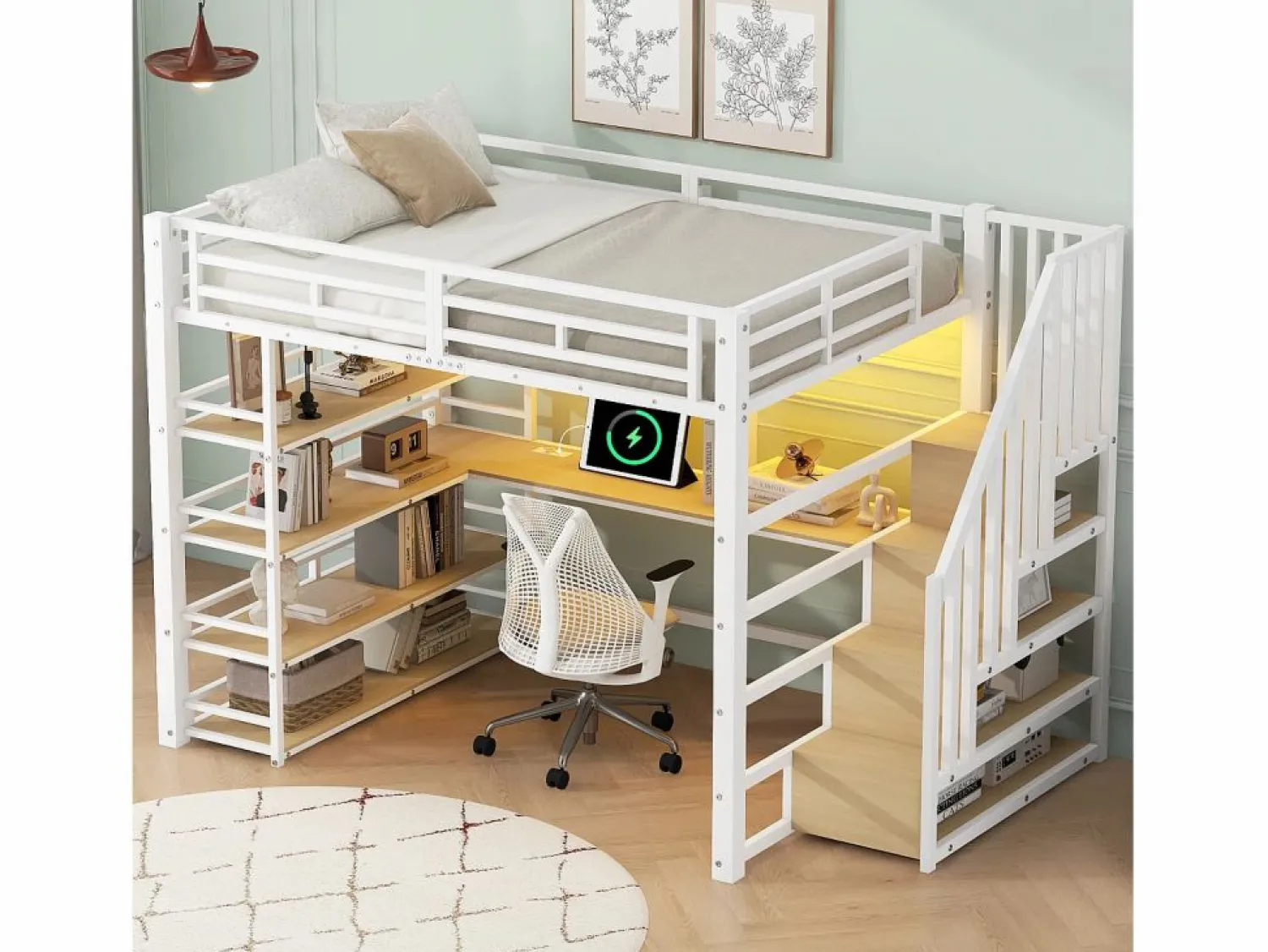 Clearance Cama altillo de metal 140x200cm - con escritorio y compartimentos de almacenamiento - con luz LED y puerto USB - MDF - (colchón no incluido) Cama Alta|Cama Infantil