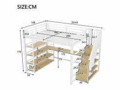 Clearance Cama altillo de metal 140x200cm - con escritorio y compartimentos de almacenamiento - con luz LED y puerto USB - MDF - (colchón no incluido) Cama Alta|Cama Infantil