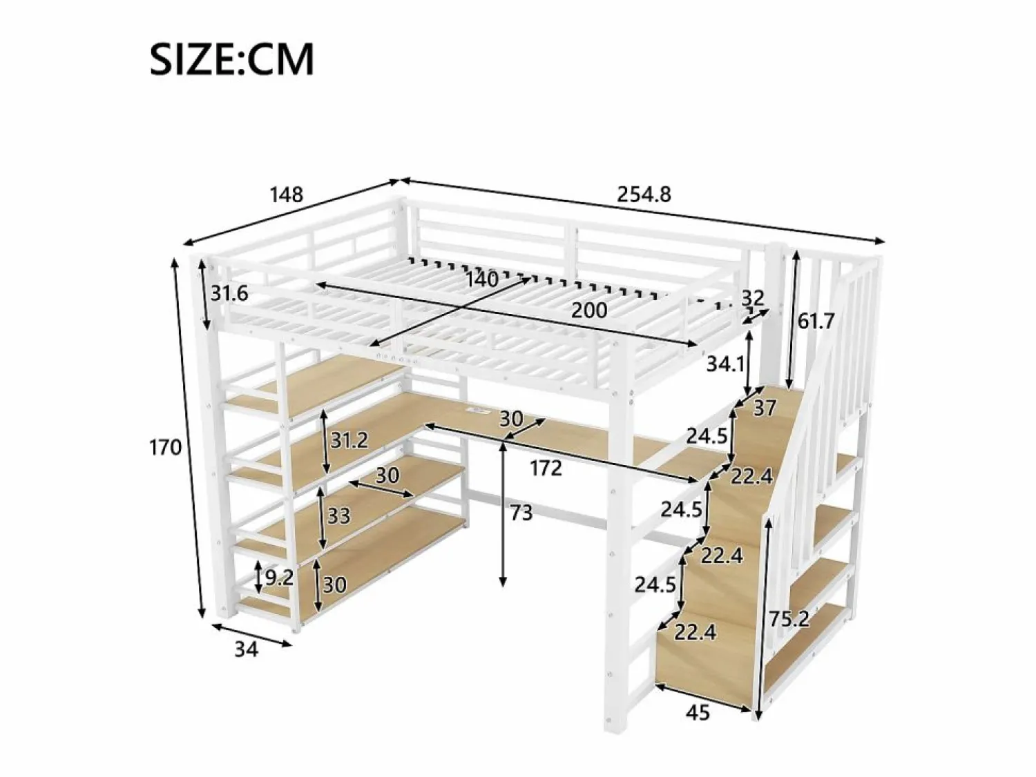 Clearance Cama altillo de metal 140x200cm - con escritorio y compartimentos de almacenamiento - con luz LED y puerto USB - MDF - (colchón no incluido) Cama Alta|Cama Infantil