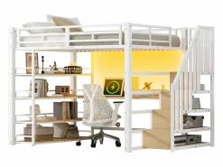 Clearance Cama altillo de metal 140x200cm - con escritorio y compartimentos de almacenamiento - con luz LED y puerto USB - MDF - (colchón no incluido) Cama Alta|Cama Infantil