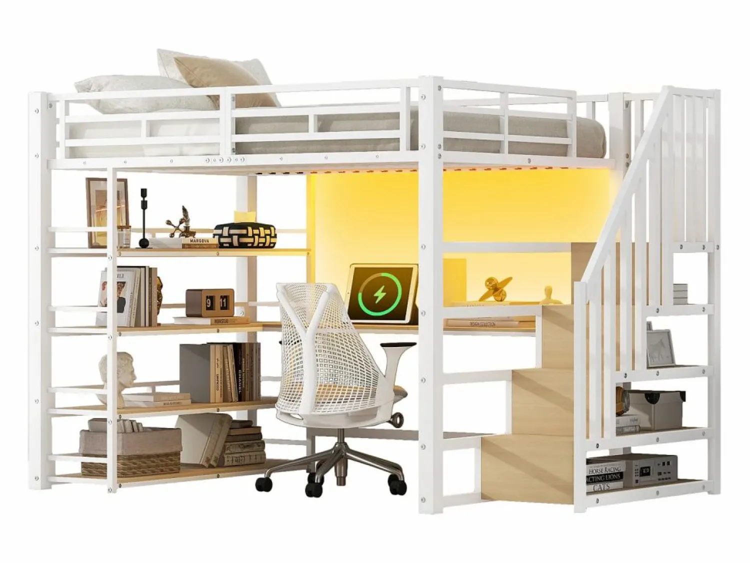 Clearance Cama altillo de metal 140x200cm - con escritorio y compartimentos de almacenamiento - con luz LED y puerto USB - MDF - (colchón no incluido) Cama Alta|Cama Infantil