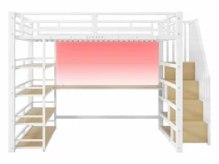 Clearance Cama altillo de metal 140x200cm - con escritorio y compartimentos de almacenamiento - con luz LED y puerto USB - MDF - (colchón no incluido) Cama Alta|Cama Infantil