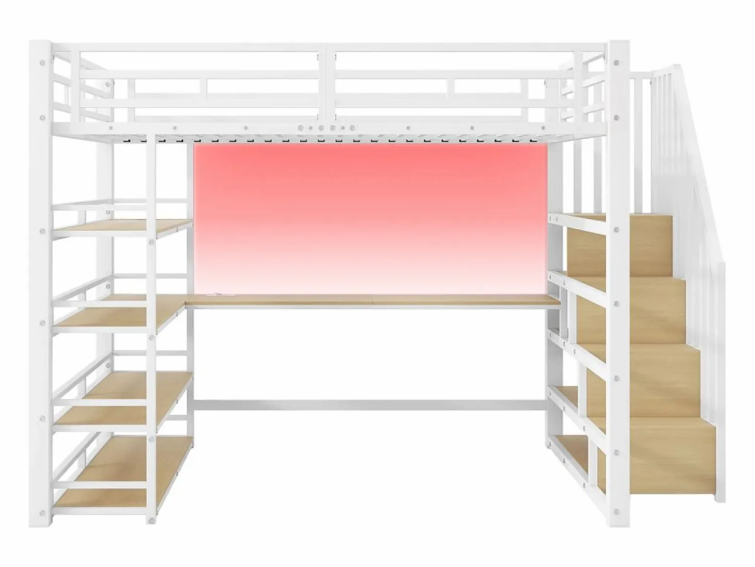 Clearance Cama altillo de metal 140x200cm - con escritorio y compartimentos de almacenamiento - con luz LED y puerto USB - MDF - (colchón no incluido) Cama Alta|Cama Infantil