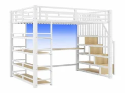 Clearance Cama altillo de metal 140x200cm - con escritorio y compartimentos de almacenamiento - con luz LED y puerto USB - MDF - (colchón no incluido) Cama Alta|Cama Infantil