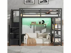 ModernLuxe Cama altillo de metal 140x200cm - con LED - escalera de almacenamiento - con armario y estantes - ​ (sin colchón) Negro