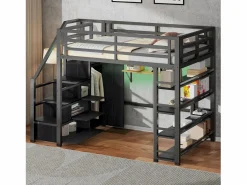 ModernLuxe Cama altillo de metal 140x200cm - con LED - escalera de almacenamiento - con armario y estantes - ​ (sin colchón) Negro