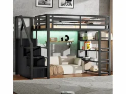 ModernLuxe Cama altillo de metal 140x200cm - con LED - escalera de almacenamiento - con armario y estantes - ​ (sin colchón) Negro
