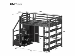 ModernLuxe Cama altillo de metal 140x200cm - con LED - escalera de almacenamiento - con armario y estantes - ​ (sin colchón) Negro