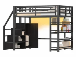 ModernLuxe Cama altillo de metal 140x200cm - con LED - escalera de almacenamiento - con armario y estantes - ​ (sin colchón) Negro
