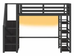 ModernLuxe Cama altillo de metal 140x200cm - con LED - escalera de almacenamiento - con armario y estantes - ​ (sin colchón) Negro