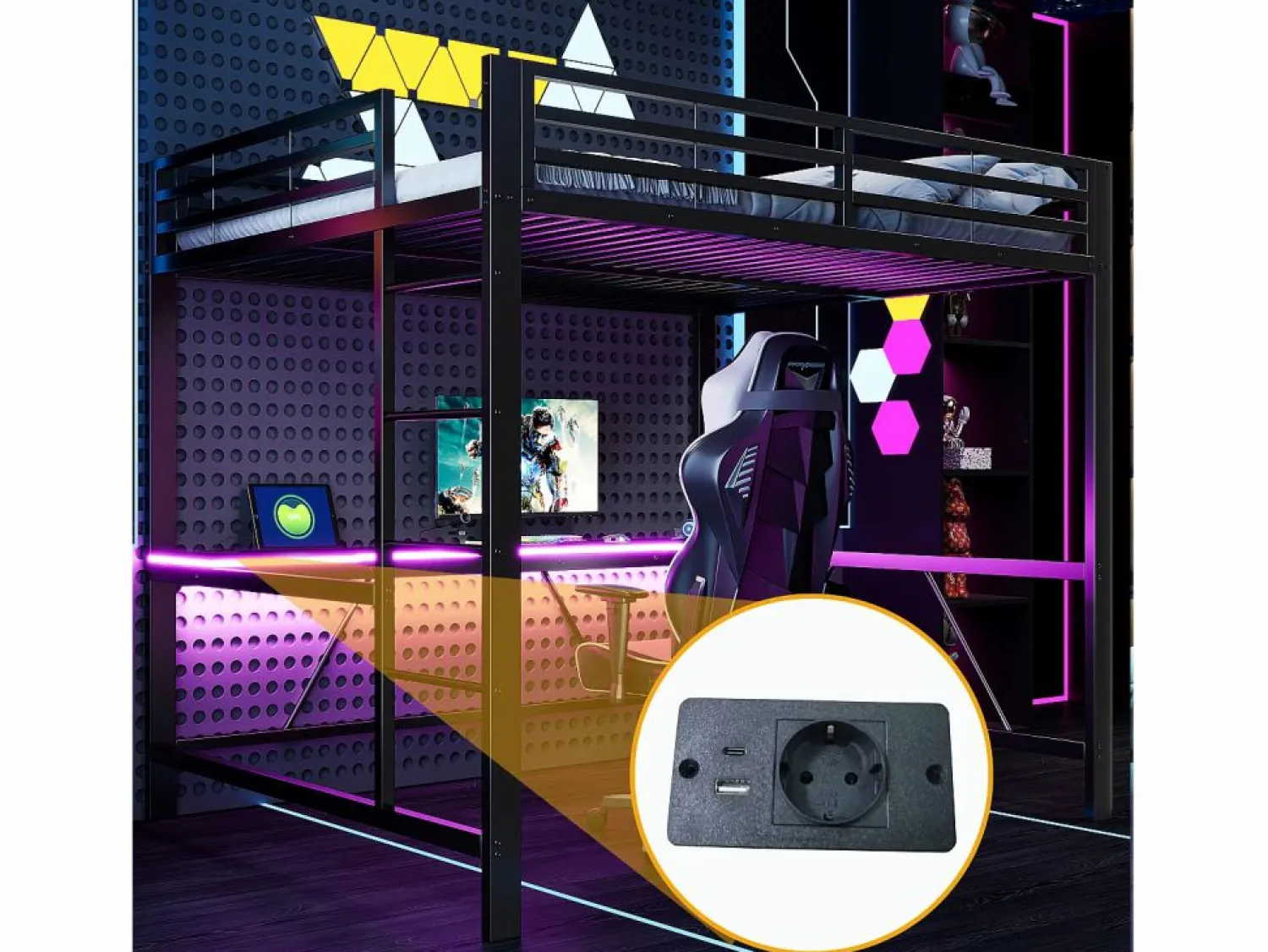 Discount Cama altillo de metal 160x200cm - con escritorio - con iluminación LED y puerto de carga USB - (sin colchón) Cama Alta|Cama Infantil