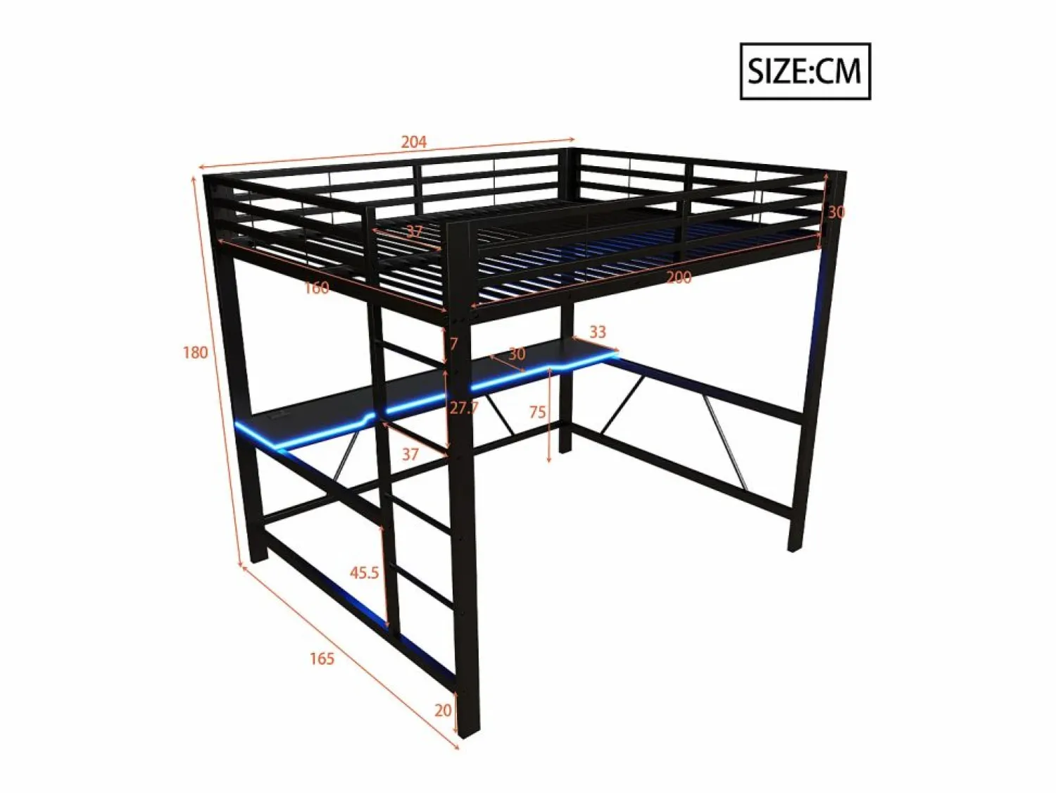 Discount Cama altillo de metal 160x200cm - con escritorio - con iluminación LED y puerto de carga USB - (sin colchón) Cama Alta|Cama Infantil