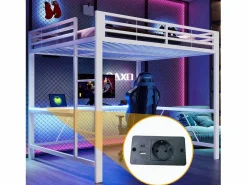 ModernLuxe Cama altillo de metal 160x200cm - con escritorio - con iluminación LED y puerto de carga USB - ​ (sin colchón)