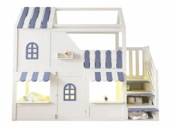 ModernLuxe Cama altillo infantil 90 x 200 cm - con escalera de almacenamiento - con luz LED - con 1 puerta - blanco + azul​ (colchón no incluido)