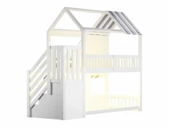 ModernLuxe Cama altillo infantil 90 x 200 cm - con escalera de almacenamiento - con luz LED - con 1 puerta - blanco + azul​ (colchón no incluido)