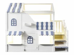 ModernLuxe Cama altillo infantil 90 x 200 cm - con escalera de almacenamiento - con luz LED - con 1 puerta - blanco + azul​ (colchón no incluido)