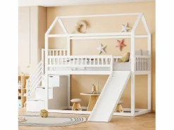 ModernLuxe Cama altillo infantil 90x200 cm - con tobogán y escalera de almacenaje - madera maciza - con somier de láminas -
