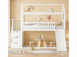 ModernLuxe Cama altillo infantil 90x200 cm - con tobogán y escalera de almacenaje - madera maciza - con somier de láminas -