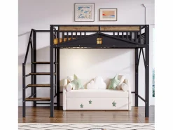 New Cama altillo metálica 140×200 cm - con escalera - con barandillas de seguridad - (colchón no incluido) Cama Alta