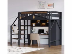 New Cama altillo metálica 140×200 cm - con escalera - con barandillas de seguridad - (colchón no incluido) Cama Alta
