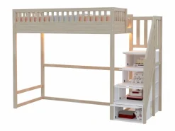 Best Cama altillo 90x200 cm - con escalera de seguridad - con barreras de seguridad - con iluminación LED - natural​ (colchón no incluido) Cama Alta