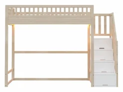 Best Cama altillo 90x200 cm - con escalera de seguridad - con barreras de seguridad - con iluminación LED - natural​ (colchón no incluido) Cama Alta
