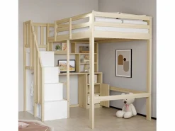 ModernLuxe Cama altillo 90x200 cm - con estantes - con mesa de trabajo - con escalera - natural (colchón no incluido)