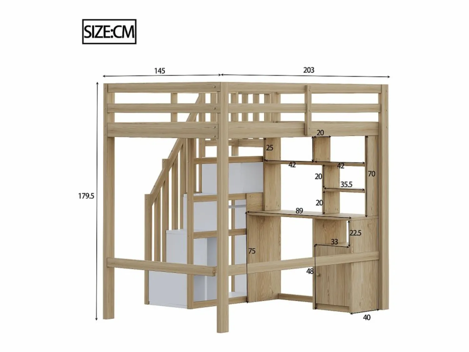 ModernLuxe Cama altillo 90x200 cm - con estantes - con mesa de trabajo - con escalera - natural (colchón no incluido)