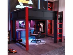 Outlet Cama altillo 140x200cm - con iluminación LED - con escritorio - con escalera y armario - con 1 cajón - negro + rojo​ (colchón no incluido) Cama Alta