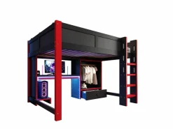 Outlet Cama altillo 140x200cm - con iluminación LED - con escritorio - con escalera y armario - con 1 cajón - negro + rojo​ (colchón no incluido) Cama Alta