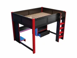 Outlet Cama altillo 140x200cm - con iluminación LED - con escritorio - con escalera y armario - con 1 cajón - negro + rojo​ (colchón no incluido) Cama Alta